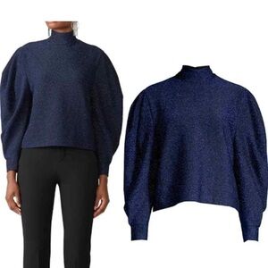 PatBo Navy Blue lurex puff shoulder blouse
